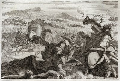 Bijbel van Royaumont, Oude Testament: Dood van Judas. Nederlaag van Demetrios I Soter en Nicanor. Dood van Judas Machabee (Maccabee, Macabee) in de strijd. Illustratie uit 1811. door Unknown artist