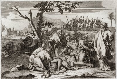 Bijbel van Royaumont, Oude Testament: Dood van de slechte Antiochus. De verschrikkelijke dood van koning Antiochus IV Epiphanes (175-164 v.Chr.) na een val van een paard. Illustratie uit 1811 door Unknown artist