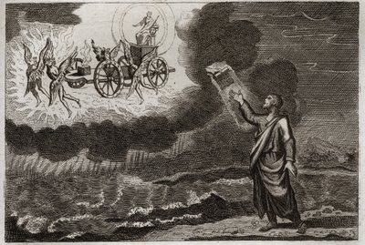 Bijbel van Royaumont, Oude Testament: Ezechiël profeet. De heilige profeet had een visioen waarin de Heer aan hem verscheen op een wagen, gedragen door vier cherubijnen (tetramorf). Illustratie uit 1811. door Unknown artist