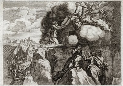 Royaumont Bijbel, Oude Testament: Eerste Tafelen van de Wet. God geeft de Wet aan zijn volk op de berg Sinaï. Mozes ontvangt de 10 Geboden uit de handen van God. Illustratie uit 1811. door Unknown artist