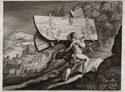 Bijbel van Royaumont, Oude Testament: Poorten van Gaza. Simson, opgesloten in Gaza, rukt de stadspoorten uit. Illustratie uit 1811. door Unknown artist