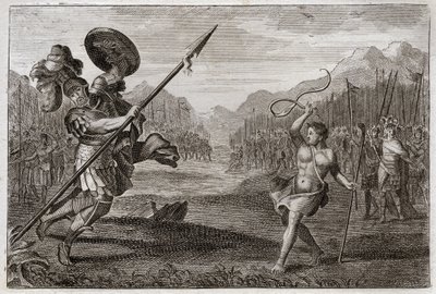 Bijbel van Royaumont, Oude Testament: Reus Goliath. Goliath, Filistijn, van buitengewone grootte, wordt verslagen door David, gewapend alleen met een slinger en een stok. Illustratie uit 1811. door Unknown artist