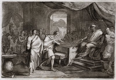 Bijbel van Royaumont, Oude Testament: Joachim bevrijd uit ketenen. Evilmerodach, koning van Babylon, behandelt Joachim, de voormalige koning van Juda, goed na de dood van Nebukadnezar II en bevrijdt hem uit ketenen. Illustratie uit 1811. door Unknown artist