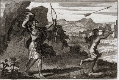 Bijbel van Royaumont, Oude Testament: Jonathan en David. En toen Jonathan de bitterheid van zijn vader zag, waarschuwde Saul hem om zich terug te trekken. Illustratie uit 1811. door Unknown artist