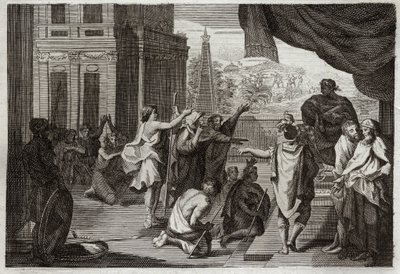 Royaumont Bijbel, Oude Testament: Mozes voor de farao. Mozes vraagt de farao om de Hebreeën de woestijn in te laten gaan om aan de Heer te offeren. Illustratie uit 1811. door Unknown artist