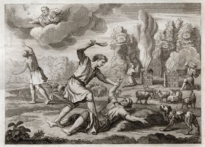 Bijbel van Royaumont, Oude Testament: Moord op Abel. Kaïn draagt zijn broer met afgunst tegen Abel, neemt hem mee naar het platteland alsof hij gaat wandelen, en doodt hem. Illustratie uit 1811. door Unknown artist
