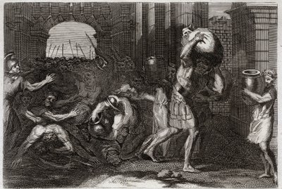 Royaumont Bijbel, Oude Testament: Voorspelling van Elisa. Een heer van Samaria, die de woorden van Elisa verkeerd had begrepen, wordt vertrapt aan zijn voeten. Illustratie uit 1811. door Unknown artist