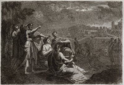 Bijbel van Royaumont, Oude Testament: Voorspellingen over Jeruzalem. God heeft wapens in de lucht op Jeruzalem opgeheven om haar de rampen te bezorgen die haar zouden treffen. Illustratie uit 1811. door Unknown artist