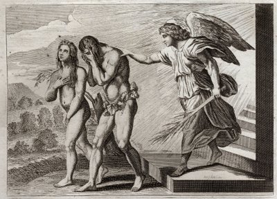 Bijbel van Royaumont, Oude Testament: Straf van Adam. God verdrijft Adam en Eva uit het Paradijs na hun val, en plaatst een cherubijn bij de deur om hun toegang te verdedigen. Illustratie uit 1811. door Unknown artist