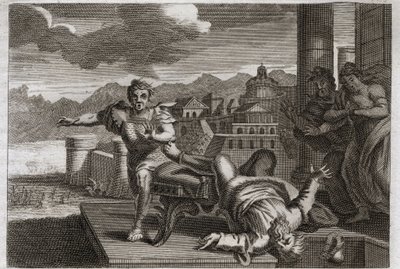 Bijbel van Royaumont, Oude Testament: Straf van Heli. God, om de grote priester Heli (Eli) te straffen voor zijn nalatigheid in het opvolgen van de bevelen van zijn kinderen, laat hem van zijn stoel vallen en zijn hoofd breken bij het horen van het nieuws  door Unknown artist
