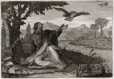 Bijbel van Royaumont, Oude Testament: Raven van Elia. God sloeg de aarde met een driejarige droogte, stuurde de profeet Elia naar een beek, waar twee raven hem voedsel brachten. Illustratie uit 1811. door Unknown artist