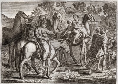 Royaumont Bijbel, Oude Testament: Terugkeer van Jakob. Jakobs terugkeer naar Kanaän met zijn vrouwen, Rachel en Lea, en zijn kinderen. Illustratie uit 1811. door Unknown artist