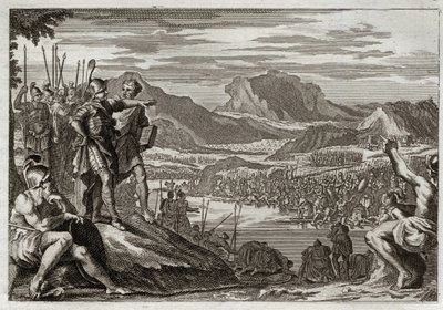 Royaumont Bijbel, Oude Testament: Soldaten van Gedeon. God beveelt Gedeon (Gideon) om al zijn troepen naar de Jordaan te leiden en geeft hem een teken om degenen te onderscheiden die hij moest gebruiken om tegen de Midianieten te vechten. Illustratie uit 1 door Unknown artist