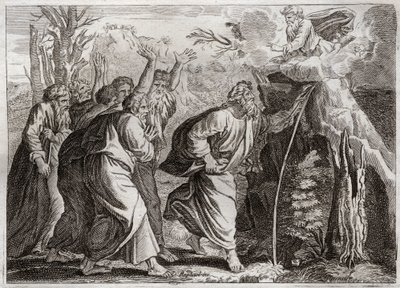 Bijbel van Royaumont, Oude Testament: Water uit de Rots. Mozes brengt water uit de rots en geeft het volk van Israël te drinken. Illustratie uit 1811. door Unknown artist