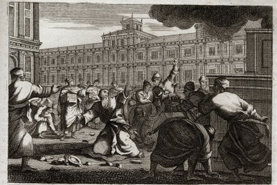 Bijbel van Royaumont, Oude Testament: Zacharia gestenigd. Zacharia, de hogepriester, wordt gestenigd op bevel van Joas (Jehoash), koning van Juda, omdat hij zijn bevelen niet opvolgde. Illustratie uit 1811. door Unknown artist