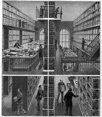 Bibliotheque Nationale in Parijs: krantenverwerkings- en archiveringsruimte bij het Bureau des Entrees. Gravure in "La Nature: revue des sciences et de leurs applications aux arts et a l
