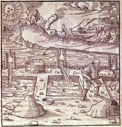 Bitumenwinning. Georg Bauer "Agricola De Re metallica" boek uit de 15e eeuw. Bibl. van het Wetenschapsmuseum, Milaan. door Unknown artist