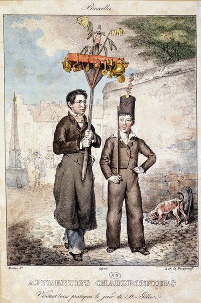 Ketelmakersleerlingen bezoeken hun praktijken op de dag van St Gillen (Brussel) - Lithografie, begin 19e eeuw door Unknown artist