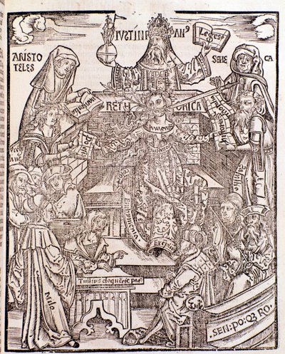Tak van kennis vertegenwoordigd door Aristoteles (linksboven) vertegenwoordigt Natuurfilosofie, met Seneca die Moraalfilosofie vertegenwoordigt aan de rechterkant, de keizer Justinianus (midden boven). De vrouw in het midden heeft een zwaard en een bloeien door Unknown artist