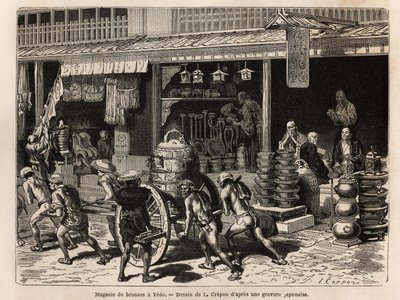 Bronzen winkel in Yedo (of Edo, het huidige Tokio), specialiteit van de stad, met voorwerpen van boeddhistische aanbidding: bellen, gongs, trommels, vazen, kandelaars, wierook en beelden, maar ook minder rituele voorwerpen zoals sakekannen, lampen, vuurpot door Unknown artist