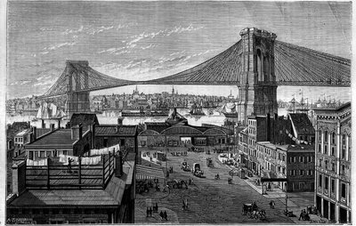 Brooklyn Bridge. Begonnen in 1869, in aanbouw ten tijde van de gravure, voltooid in 1883. New York (New York), Verenigde Staten. Gravure in 