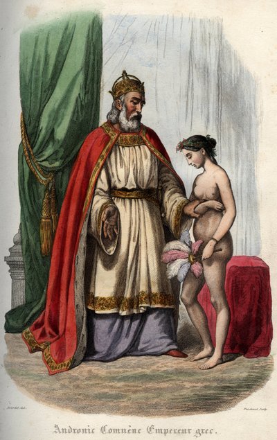 Byzantijnse keizer Andronikos I Komnenos (of Andronicus I Comnenus) (ca. 1118-1185) (Andronic I Comnene) en zijn vrouw Agnes van Frankrijk (1171-1240) die gedwongen wordt naakt te verschijnen voor zijn orgie. Gravure uit 1842 in "Histoire des popes" door M door Unknown artist