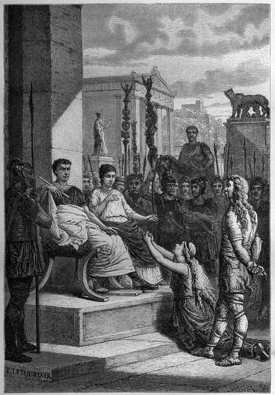 Gevangenschap van Chamacus - Caratacus (Caratacos, Caratacus) in gevangenschap met zijn familie spreekt de Romeinse keizer Claudius (Claude I) (10 v.Chr.-54 n.Chr.) toe - Gravure in 