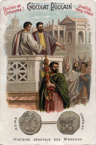 Caius Licinius Calvus Stolon draagt bij aan de toetreding van de Plebejers tot de politieke macht door toegang tot het consulaat te verkrijgen. In Algemene Geschiedenis van Munten. Chocoladeveulen chromolithografie van het einde van de 19e eeuw. Privécolle door Unknown artist