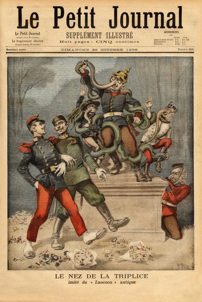 Karikatuur allegorie over de triplice of drievoudige alliantie tussen Duitsland, Oostenrijk-Hongarije en Italië, die de andere Europese alliantie voorbij ziet gaan, Frankrijk met Rusland. Gravure in 