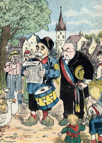 Spotprent met Georges Clemenceau en Emile Combes die samen campagne voeren in de Franse campagnes voor de verkiezingen van 1913 (Karikatuur van de Franse staatslieden Emile Combes en Georges Clemenceau die samen campagne voeren voor de presidentsverkiezing door Unknown Artist