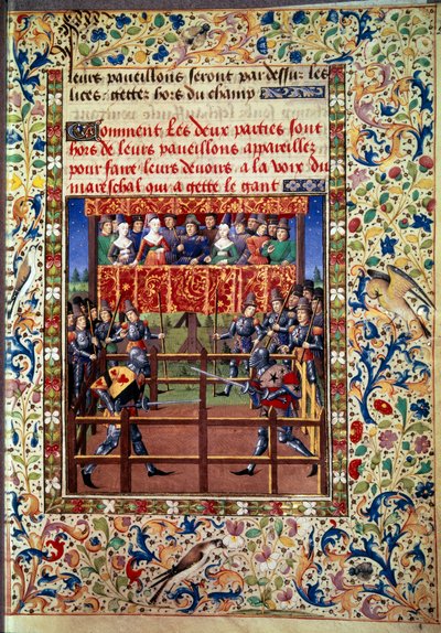 Ceremonies en ordinanties als een belofte van strijd: duel in gesloten veld tussen twee ridders. Miniatuur uit een manuscript van Jean de Rolin (15e eeuw) 1460 Parijs, B.N. door Unknown artist
