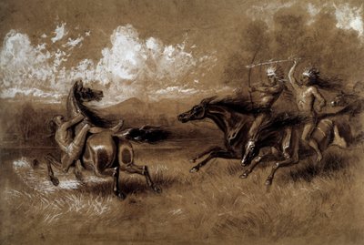Aanval van Indianen te paard tegen een vijand van een andere stam Anoniem 19e eeuw tekening. La Rochelle, New World Museum door Unknown artist