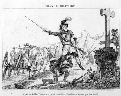 Hoofdman en soldaat te voet. Vendeaanse artillerie getrokken door ossen. Gravure uit de 19e eeuw door Unknown artist
