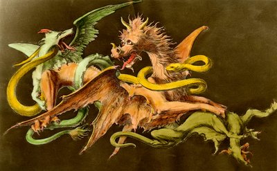 Chimères Een draak vecht tegen twee monsters. Gravure uit de 19e eeuw. door Unknown artist