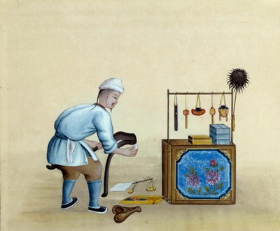 Chinese koopman die scharen slijpt om zilverbaren te snijden. Tekening uit de 17e eeuw. Parijs. B.N. door Unknown artist