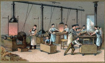 Chocolade maken. Cacaobranderij. Chromolithografie van het einde van de 19e eeuw. door Unknown artist