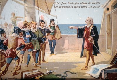 Christoffel Columbus stopte de muiterij van de bemanning door het land aan te kondigen binnen drie dagen. Chromolithografie 19e eeuw door Unknown artist