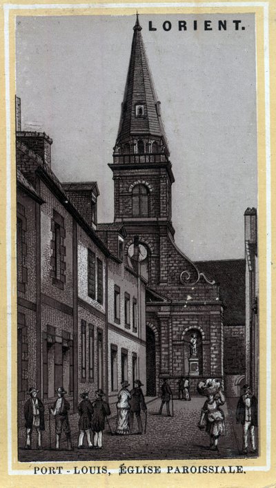 Parochiekerk van Port Louis, Pays de Lorient, Morbihan, Bretagne. Chromolithografie van het einde van de 19e eeuw door Unknown artist