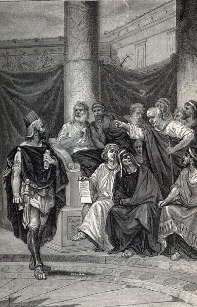 Cineas belangrijke adviseur van koning Pyrrhus probeert te onderhandelen met de Romeinen na de Slag bij Heraclea 280 v.Chr., Gravure 1884 door Unknown artist