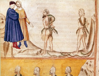 Cirkel van dieven: Vanni Fucci (13e eeuw) voorspelde aan Dante en Virgil de nederlaag van de Witte Guelfen. Verlichte pagina die het 24e lied van de Hel illustreert uit de 
