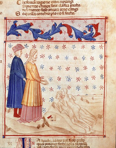 Cirkel van Verraders: Dante en Virgil ontmoeten Ugolino della Gherardesca, tiran van Pisa en veroordeeld voor verraad aan het vaderland, hij slaat het hoofd van de aartsbisschop Ruggeri. Verluchte pagina die het 33e lied van de Hel uit de 