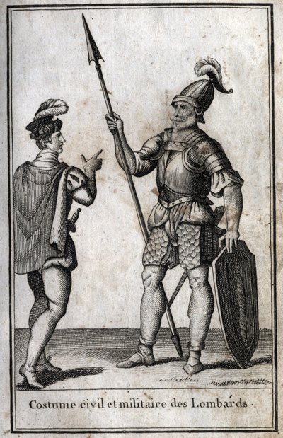 Burgerlijke en militaire kleding van de Lombarden (Lombardije) in de Middeleeuwen. Gravure in 