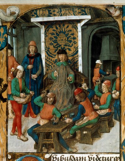 Munt slaan in de Middeleeuwen. Miniatuur uit een verhandeling over valuta (waarschijnlijk De Moneta) door Nicolas Oresme (1320-1382). 14e eeuw. B.N. Parijs door Unknown artist
