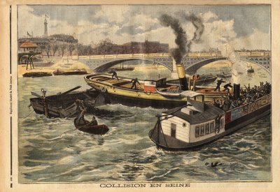 Botsing op de Seine tussen een Engelse stoomboot en een omnibus peniche van Parijs, ter hoogte van de koninklijke brug. Gravure in 
