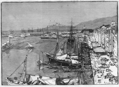Handelsschip en arsenaal in de haven van Toulon (Var), Frankrijk. Gravure in 