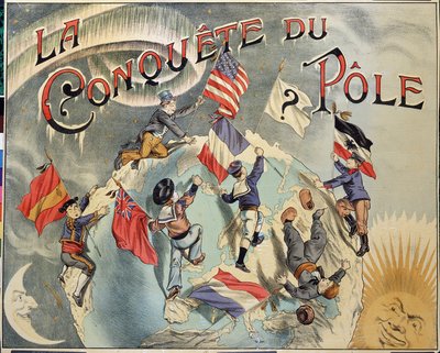 Verovering van de Pool: weergave van de rivaliteit tussen verschillende landen voor de verovering van de Noordpool. Vertegenwoordigers zijn onder andere Spanje, de Verenigde Staten, Engeland, Nederland, Frankrijk en Duitsland. Eind 19e eeuw door Unknown artist