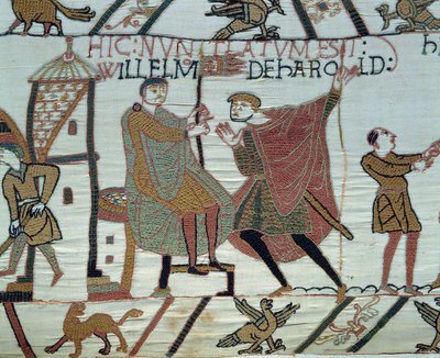 Verovering van Engeland door de Hertog van Normandië Willem de Veroveraar (1027-1087) in 1066: een uitkijkpost rapporteert de feiten van Harold II aan Willem bij de Slag bij Hastings Detail van het Tapijt van Bayeux of Borduurwerk van Koningin Mathilde door Unknown artist