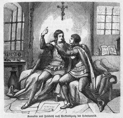 Conradin van Zwaben en Frederik van Baden worden geïnformeerd over hun executie in de gevangenis in Napels - Conradin van Hohenstaufen, koning van Sicilië en Jeruzalem onder de naam Conrad door Unknown artist