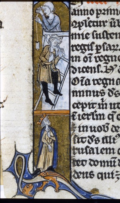 Bouw van een klooster: arbeiders en toezichthoudende koning. Verlichting van een manuscript uit het midden van de 13e eeuw. Bilioteca Trivulziana. door Unknown artist