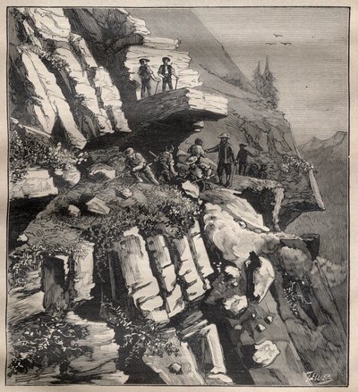 Bouw van een bergweg in de Alpen - Gravure in 